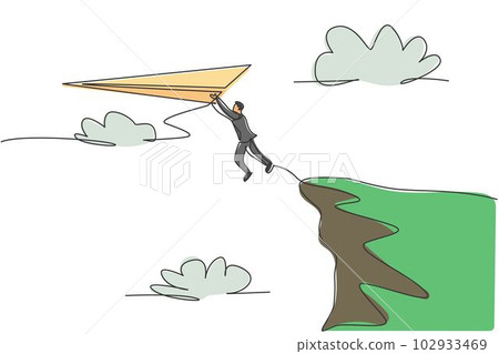 Single continuous line drawing young businessman jumping from cliff edge to reach flying paper airplane. Business metaphor concept. Minimalism dynamic one line draw. Graphic design vector illustration 102933469