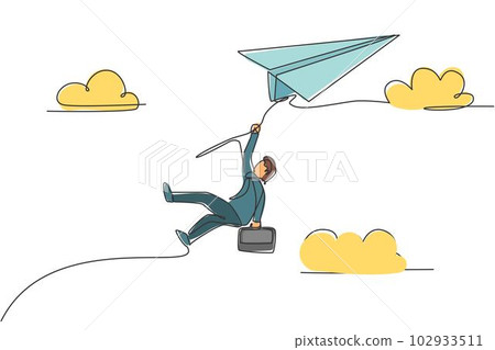 Continuous one line drawing of young male worker hanging tight on flying paper aircraft. Business challenge, metaphor concept. Minimalist trendy single line draw design vector graphic illustration Continuous one line drawing of young male worker hanging tight on flying paper aircraft. Business challenge, metaphor concept. Minimalist trendy single line draw design vector graphic illustration 102933511