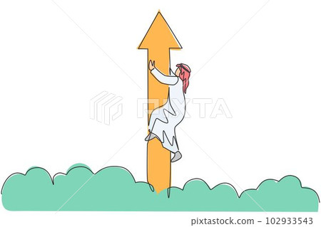Single one line drawing young Arabic businessman holding up arrow sign while flying on sky. Success business growth strategy minimal concept. Continuous line draw design graphic vector illustration 102933543