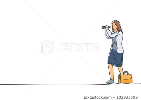 Continuous one line drawing of young female worker monitoring stock market with binocular. Success business manager. Metaphor minimalist concept. Single line draw design vector graphic illustration 102933599