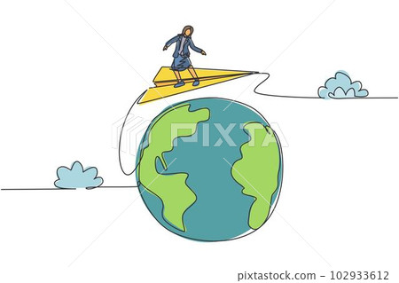 Single continuous line drawing young professional business woman doing business trip around the world with paper airplane. Minimalism metaphor concept. One line draw graphic design vector illustration Single continuous line drawing young professional business woman doing business trip around the world with paper airplane. Minimalism metaphor concept. One line draw graphic design vector illustration 102933612