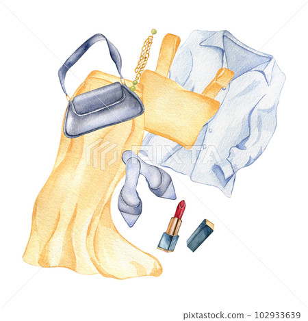 Composition of shirt, skirt, bag, shoes, lipstick, top watercolor illustration isolated on white. Woman's summer outfit hand drawn. Design for shop, sale, magazine, packaging, showcase, pattern Composition of shirt, skirt, bag, shoes, lipstick, top watercolor illustration isolated on white. Woman's summer outfit hand drawn. Design for shop, sale, magazine, packaging, showcase, pattern 102933639