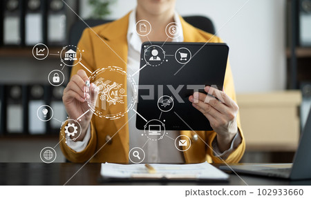 Digital transformation technology strategy, woman using laptop, tablet and smartphone with of things. transformation of ideas and the adoption. Digital transformation technology strategy, woman using laptop, tablet and smartphone with of things. transformation of ideas and the adoption. 102933660