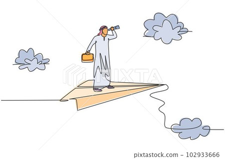 Continuous one line drawing young Arab male worker analyzing market on flying paper plane. Success business manager minimalist metaphor concept. Single line draw design vector graphic illustration 102933666