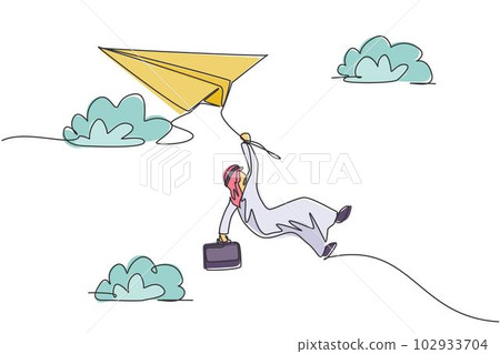 Single continuous line drawing young Arab business man hanging on rope of flying paper plane. Business survive. Minimalism metaphor concept. Dynamic one line draw graphic design vector illustration Single continuous line drawing young Arab business man hanging on rope of flying paper plane. Business survive. Minimalism metaphor concept. Dynamic one line draw graphic design vector illustration 102933704
