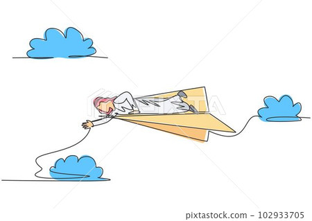 Single continuous line drawing of young Arabian business man lay down on flying paper plane to reach his fall colleagues. Minimalism metaphor concept. One line draw graphic design vector illustration Single continuous line drawing of young Arabian business man lay down on flying paper plane to reach his fall colleagues. Minimalism metaphor concept. One line draw graphic design vector illustration 102933705