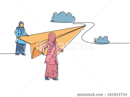 Continuous one line drawing young Arab female worker holding paper plane at top of the hill. Success business manager. Minimalist metaphor concept. Single line draw design vector graphic illustration Continuous one line drawing young Arab female worker holding paper plane at top of the hill. Success business manager. Minimalist metaphor concept. Single line draw design vector graphic illustration 102933734