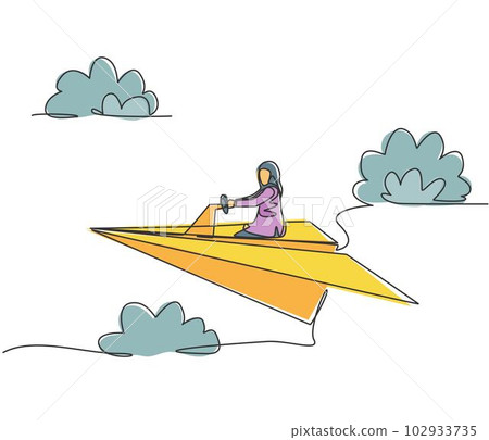 Single continuous line drawing young Arab business woman sitting and driving paper plane. Business travel trip. Minimalism metaphor concept. Dynamic one line draw graphic design vector illustration Single continuous line drawing young Arab business woman sitting and driving paper plane. Business travel trip. Minimalism metaphor concept. Dynamic one line draw graphic design vector illustration 102933735