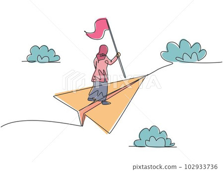 Single one line drawing of young Arab business woman holding flag on flying paper plane. Business challenge. Minimal metaphor concept. Modern continuous line draw design graphic vector illustration Single one line drawing of young Arab business woman holding flag on flying paper plane. Business challenge. Minimal metaphor concept. Modern continuous line draw design graphic vector illustration 102933736