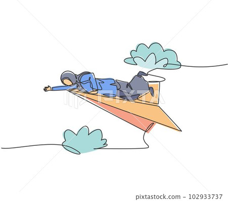 Single one line drawing young Arab business woman lend a hand on paper airplane to help colleague. Business support. Minimal metaphor concept. Continuous line draw design graphic vector illustration Single one line drawing young Arab business woman lend a hand on paper airplane to help colleague. Business support. Minimal metaphor concept. Continuous line draw design graphic vector illustration 102933737