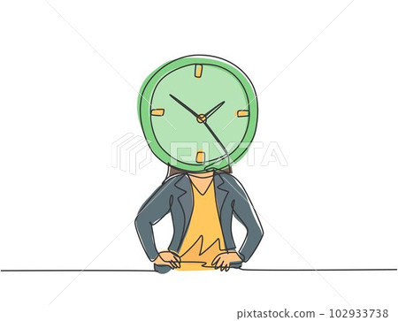 Single one line drawing of young business woman with analog clock head at the office. Business time discipline metaphor concept. Modern continuous line draw design graphic vector illustration. 102933738