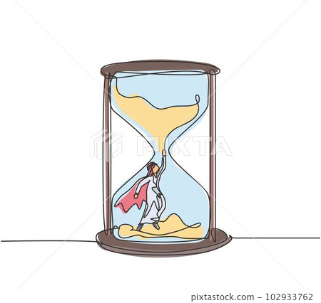 Continuous one line drawing young Arab male worker with wing flying to get out from hourglass. Minimalism metaphor business deadline concept. Single line draw design vector graphic illustration. Continuous one line drawing young Arab male worker with wing flying to get out from hourglass. Minimalism metaphor business deadline concept. Single line draw design vector graphic illustration. 102933762