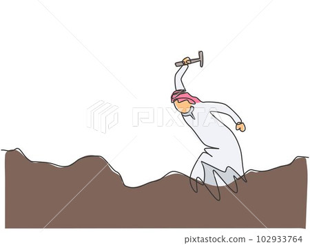 Single continuous line drawing young Arab business man digging treasure on the street with hammer. Getting a new business idea minimalist concept. One line draw graphic design vector illustration. Single continuous line drawing young Arab business man digging treasure on the street with hammer. Getting a new business idea minimalist concept. One line draw graphic design vector illustration. 102933764