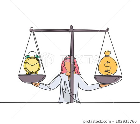 Single one line drawing of young Arabian business man weight money bag and clock with scale. Minimalism metaphor business deadline concept. Continuous line draw design graphic vector illustration. Single one line drawing of young Arabian business man weight money bag and clock with scale. Minimalism metaphor business deadline concept. Continuous line draw design graphic vector illustration. 102933766