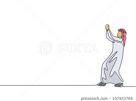 Single continuous line drawing young Arab business man praying to God. Hoping for the best target. Professional manager. Minimalism metaphor concept. One line draw graphic design vector illustration Single continuous line drawing young Arab business man praying to God. Hoping for the best target. Professional manager. Minimalism metaphor concept. One line draw graphic design vector illustration 102933768