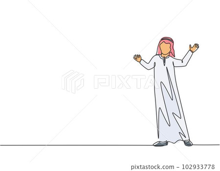 Single continuous line drawing young Arab business man doing business presentation at office. Speaker at business conference minimalist concept. One line draw graphic design vector illustration. 102933778