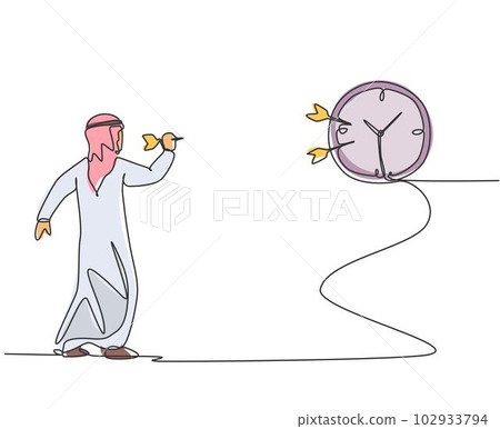 Single continuous line drawing young Arab business man hit the analog clock on wall with dart arrow. Focus target business metaphor concept. Dynamic one line draw graphic design vector illustration. 102933794