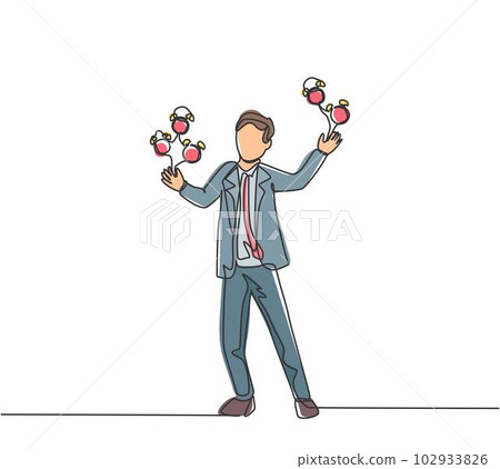 Single one line drawing of young business man juggling alarm analog clock with his hand. Business time discipline metaphor concept. Modern continuous line draw design graphic vector illustration Single one line drawing of young business man juggling alarm analog clock with his hand. Business time discipline metaphor concept. Modern continuous line draw design graphic vector illustration 102933826