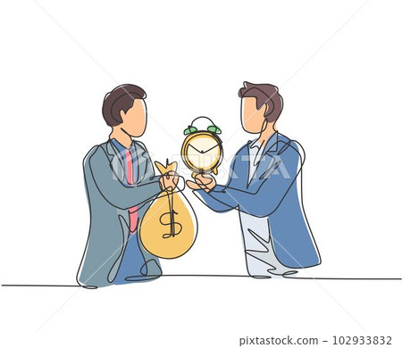Continuous one line drawing of two young male workers exchange money bag and analog alarm clock. Time management business barter minimalist concept. Single line draw design vector graphic illustration 102933832
