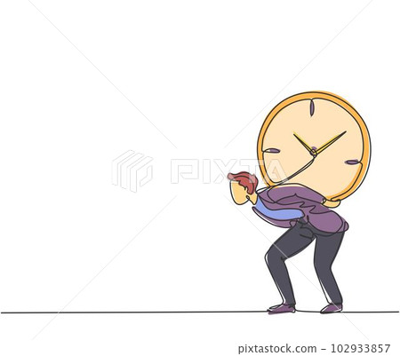Single one line drawing of young business man shouldered heavy big analog clock with his back. Business time discipline metaphor concept. Modern continuous line draw design graphic vector illustration 102933857