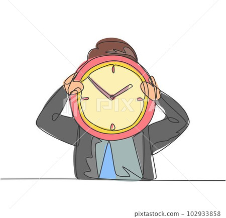 Single continuous line drawing young business man holding giant analog clock in front his head. Minimalism metaphor business deadline concept. Dynamic one line draw graphic design vector illustration 102933858
