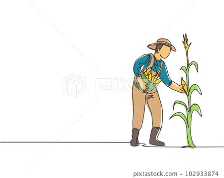 Single one line drawing of young male farmer picking the corn on the tree. Professional farmer. Farming challenge minimalist concept. Modern continuous line draw design graphic vector illustration. 102933874