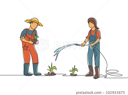 Single continuous line drawing couple farmer watering the plants using a hose and planting new plants. Farmer planting activities concept. Dynamic one line draw graphic design vector illustration. 102933875