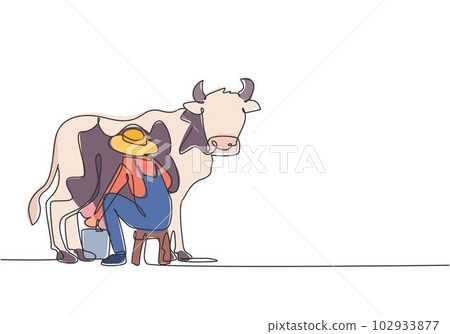 Single continuous line drawing young male farmer milking a cow with traditional way. A successful harvest activity minimalism concept. Dynamic one line draw graphic design vector illustration. Single continuous line drawing young male farmer milking a cow with traditional way. A successful harvest activity minimalism concept. Dynamic one line draw graphic design vector illustration. 102933877