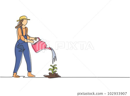 Single continuous line drawing young female farmer water the plants using a watering can. Farmer planting activities minimalism concept. Dynamic one line draw graphic design vector illustration. Single continuous line drawing young female farmer water the plants using a watering can. Farmer planting activities minimalism concept. Dynamic one line draw graphic design vector illustration. 102933907