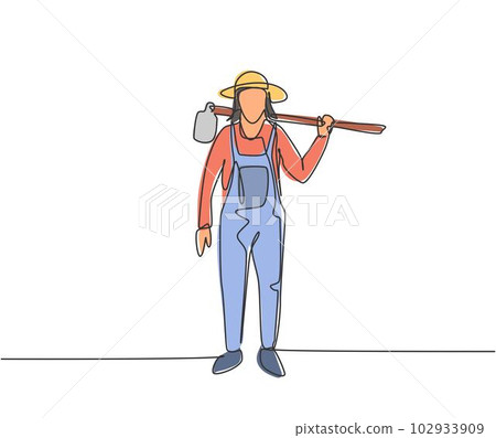 Continuous one line drawing young female farmer carried hoes on his shoulders and ready to go to farm. Farming challenge minimalist concept. Single line draw design vector graphic illustration. Continuous one line drawing young female farmer carried hoes on his shoulders and ready to go to farm. Farming challenge minimalist concept. Single line draw design vector graphic illustration. 102933909