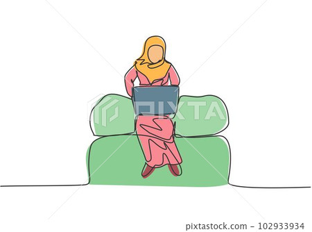 Single one line drawing of young Arabian business woman sitting on sofa and typing business proposal on laptop. Manager preparing work concept. Continuous line draw design graphic vector illustration. Single one line drawing of young Arabian business woman sitting on sofa and typing business proposal on laptop. Manager preparing work concept. Continuous line draw design graphic vector illustration. 102933934