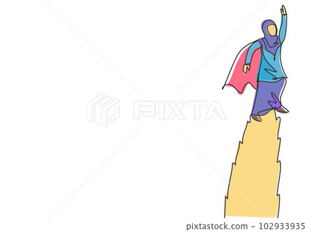 Single continuous line drawing young Arab business woman flying high into the sky to reach big goals. Big vision of business target minimalist concept. One line draw graphic design vector illustration Single continuous line drawing young Arab business woman flying high into the sky to reach big goals. Big vision of business target minimalist concept. One line draw graphic design vector illustration 102933935