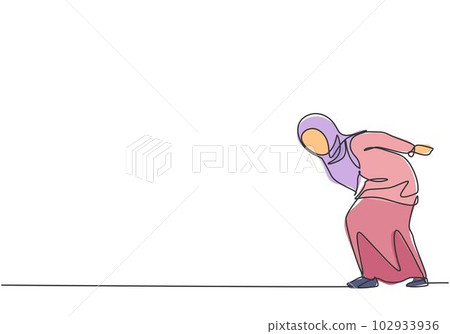 Single one line drawing of young Arabian business woman bent over because work overload. Business time discipline metaphor concept. Modern continuous line draw design graphic vector illustration. Single one line drawing of young Arabian business woman bent over because work overload. Business time discipline metaphor concept. Modern continuous line draw design graphic vector illustration. 102933936