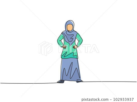 Continuous one line drawing young Arab female worker standing on the street thinking of her business. Minimalism metaphor business vision concept. Single line draw design vector graphic illustration. Continuous one line drawing young Arab female worker standing on the street thinking of her business. Minimalism metaphor business vision concept. Single line draw design vector graphic illustration. 102933937