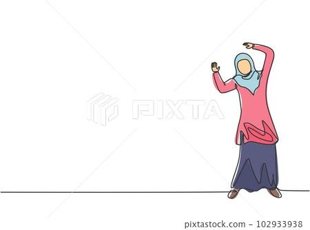 Continuous one line drawing young Arab female worker standing on the street and raise her hands. Success business manager minimalist concept. Single line draw design vector graphic illustration. Continuous one line drawing young Arab female worker standing on the street and raise her hands. Success business manager minimalist concept. Single line draw design vector graphic illustration. 102933938
