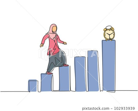 Continuous one line drawing young Arab female worker walking on the graph bar to reach alarm clock. Business time discipline metaphor concept. Single line draw design vector graphic illustration. Continuous one line drawing young Arab female worker walking on the graph bar to reach alarm clock. Business time discipline metaphor concept. Single line draw design vector graphic illustration. 102933939