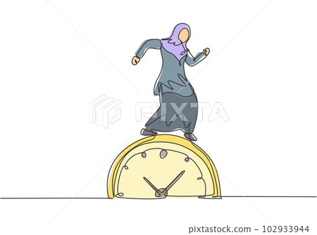 Single one line drawing of young Arabian business woman walking on the big analog clock. Minimalism metaphor business deadline concept. Modern continuous line draw design graphic vector illustration. Single one line drawing of young Arabian business woman walking on the big analog clock. Minimalism metaphor business deadline concept. Modern continuous line draw design graphic vector illustration. 102933944