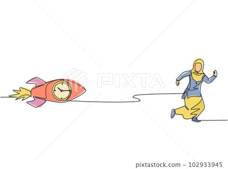 Single continuous line drawing young Arab business woman chased by flying rocket with analog clock inside. Rush hour management minimalist concept. One line draw graphic design vector illustration. 102933945