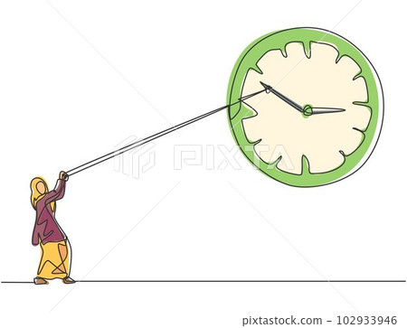 Single continuous line drawing young Arab business woman pulling clockwise of big analog wall clock with rope. Time management minimalist concept. One line draw graphic design vector illustration. Single continuous line drawing young Arab business woman pulling clockwise of big analog wall clock with rope. Time management minimalist concept. One line draw graphic design vector illustration. 102933946