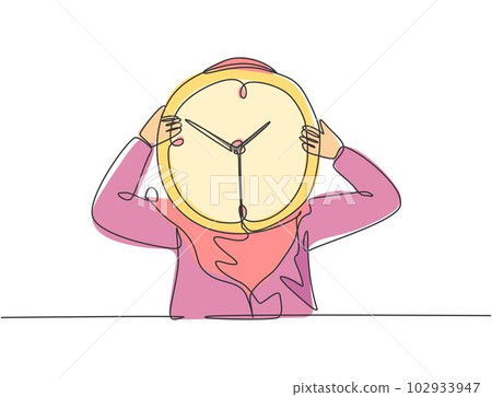 Single one line drawing of young Arabian business woman holding giant analog clock in front her head. Business time discipline metaphor concept. Continuous line draw design graphic vector illustration Single one line drawing of young Arabian business woman holding giant analog clock in front her head. Business time discipline metaphor concept. Continuous line draw design graphic vector illustration 102933947