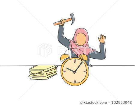 Continuous one line drawing stressful young Arab female worker hit the alarm clock with hammer. Minimalism metaphor business deadline concept. Single line draw design vector graphic illustration. 102933948