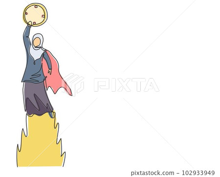 Continuous one line drawing young Arab female worker flying to the sky to reach analog clock. Minimalism metaphor business deadline concept. Single line draw design vector graphic illustration. Continuous one line drawing young Arab female worker flying to the sky to reach analog clock. Minimalism metaphor business deadline concept. Single line draw design vector graphic illustration. 102933949