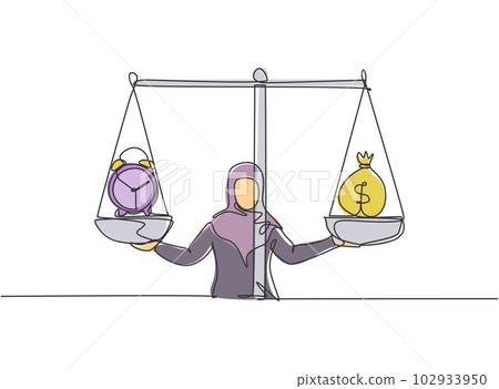 Single one line drawing of young Arabian business woman weight money bag and analog clock with scale. Minimalism metaphor business concept. Continuous line draw design graphic vector illustration. Single one line drawing of young Arabian business woman weight money bag and analog clock with scale. Minimalism metaphor business concept. Continuous line draw design graphic vector illustration. 102933950