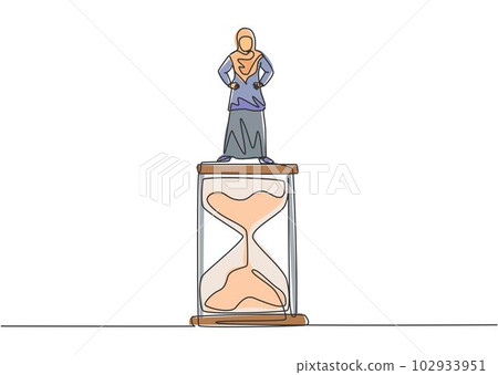 Single one line drawing of young Arabian business woman standing above hourglass. Symbol to show time management business minimalist concept. Continuous line draw design graphic vector illustration. Single one line drawing of young Arabian business woman standing above hourglass. Symbol to show time management business minimalist concept. Continuous line draw design graphic vector illustration. 102933951