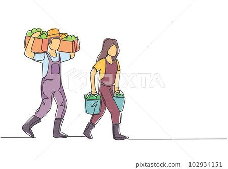 Continuous one line drawing couple farmer carrying boxes and baskets of fruit in they right and left hands and shouldered it. Minimalist concept. Single line draw design vector graphic illustration. Continuous one line drawing couple farmer carrying boxes and baskets of fruit in they right and left hands and shouldered it. Minimalist concept. Single line draw design vector graphic illustration. 102934151
