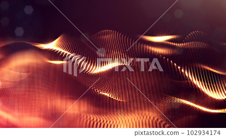 3d rendering background of microworld or sci-fi theme with glowing particles form curved lines, 3d surfaces, grid structures with depth of field, bokeh. Golden red wave forms 3d rendering background of microworld or sci-fi theme with glowing particles form curved lines, 3d surfaces, grid structures with depth of field, bokeh. Golden red wave forms 102934174