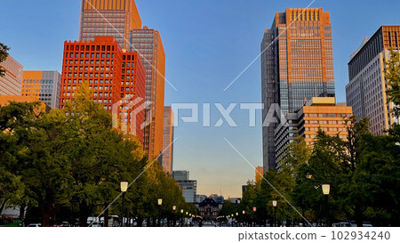 Building in front of Tokyo Station in the setting sun 102934240