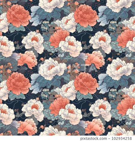 Seamless pattern flowers and leaves. Pattern in Asian Japanese style. generative ai 102934258