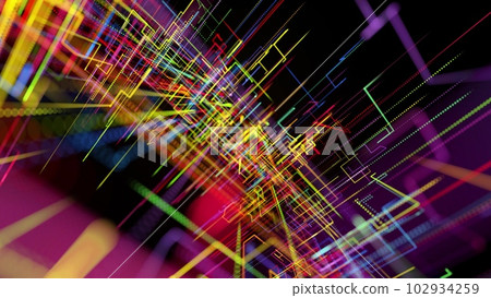 3d rendering sci-fi bg like abstract hologram. Multicolor neon glow lines form digital 3d space. Connection concept, visualization of multiple calculations of various branches neural network or AI 102934259