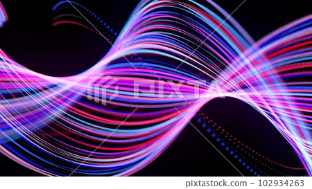 Abstract background with light trails, stream of red blue neon lines in space form spiral shapes. Modern trendy motion design background. Light flow bg. 3d render 102934263